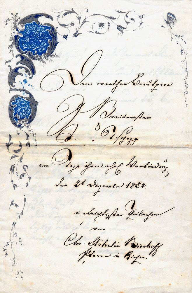 Hochzeitsgratulation von Pfr. Christoph Staehelin vom 2. Dezember 1852.