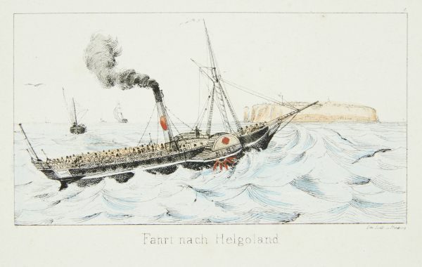 Raddampfer «Elbe» (1835–ca. 1855) vor Helgoland, ein kleinerer Vorläufer der britischen «Mercator» im Bäderverkehr Hamburg-Cuxhaven-Helgoland-Norderney. (kolorierte Lithografie um 1845).