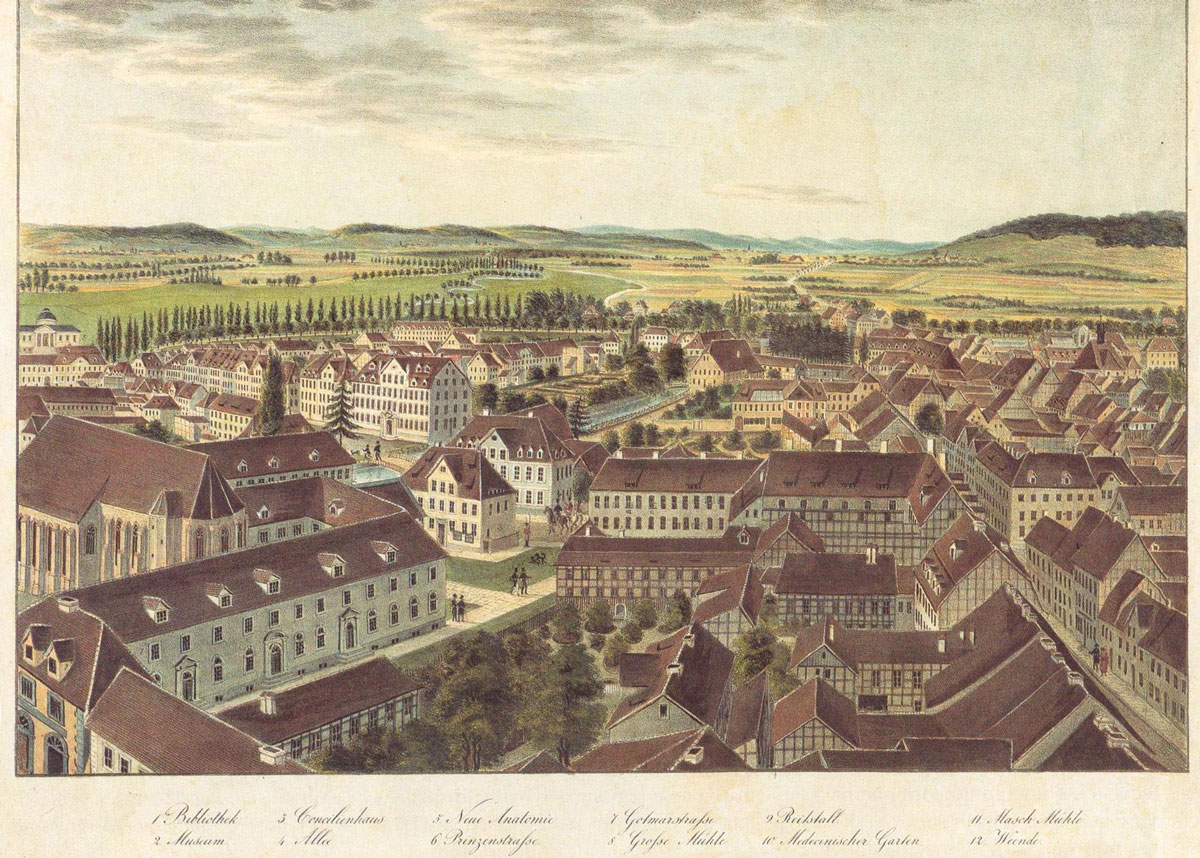Blick auf die Stadt aus der Vogelschau nach Nordwesten. kolorierte Lithographie um 1850 von Friedrich Besemann.#Städtisches Museum Göttingen, Inv.Nr. 1929/200.