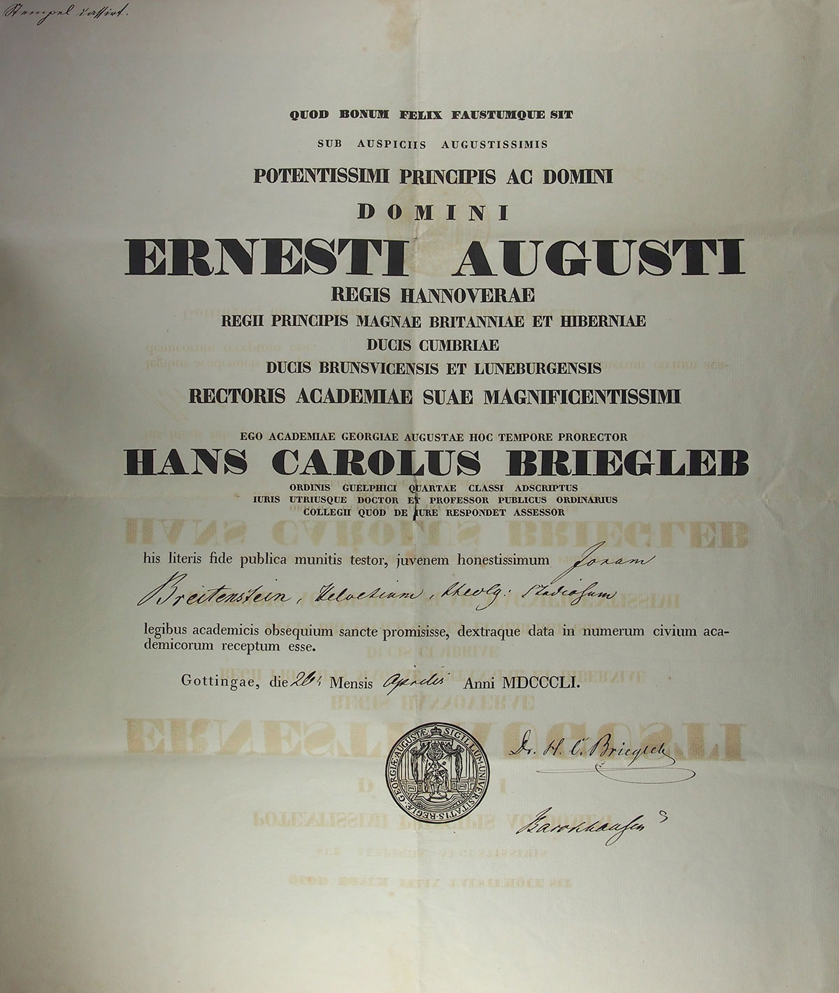 Einschreibungsurkunde der Georg-August-Universität Göttingen vom 26. April 1851.#Nachlass im Dichter- und Stadtmuseum Liestal.