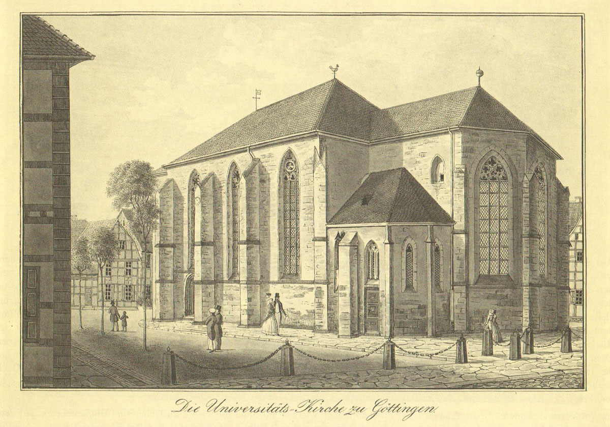 Die Kirche St. Nikolai, auch Universitätskirche, von Südosten. Lavierte Federzeichnung um 1830 wohl von Friedrich Besemann.#Städtisches Museum Göttingen, ohne Inv. Nr.