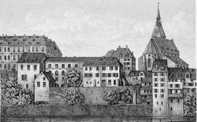  Das alte Kollegiengebäude am Rheinsprung. Hauptsitz der Basler Universität 1460―1939. Lithografie um 1855.#Staatsarchiv Basel-Stadt. Bild Wack D 17.