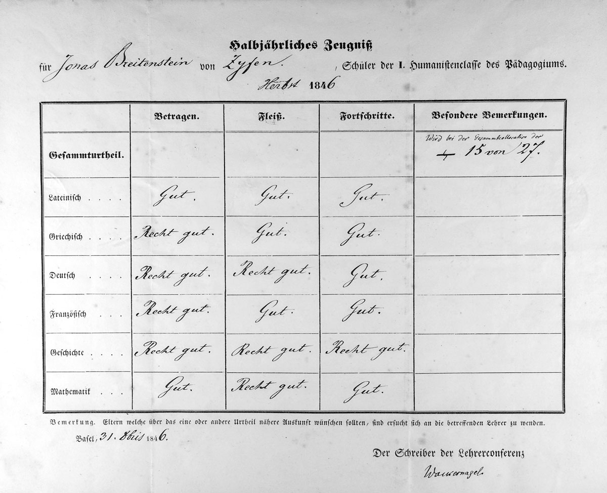Halbjähriges Zeugnis am Pädagogium, Herbst 1847#Nachlass im Dichter- und Stadtmuseum Liestal
