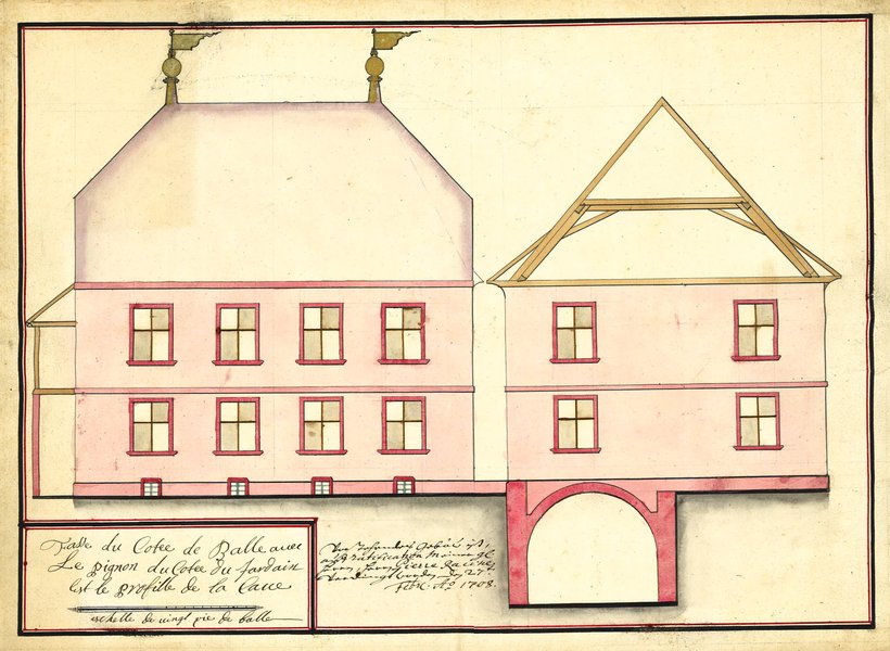 Aufrisse Nord und West-Fassaden, Bauzeichnungen des alten Barock Pfarrhauses von Pierre Racine.