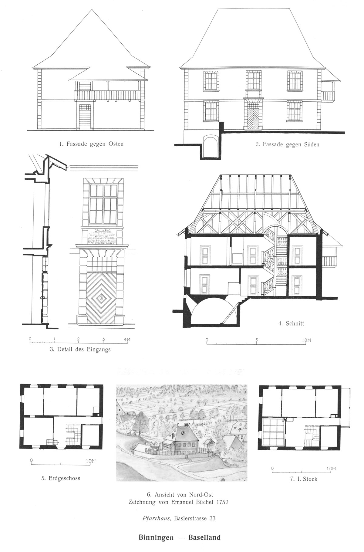 Altes Pfarrhaus Binningen (1708 bis 1938), Planaufnahmen um 1930.#Aus: Das Bürgerhaus im Kanton Basel-Stadt (III. Teil) und Basel-Land. Orell Füssli, Zürich 1931)